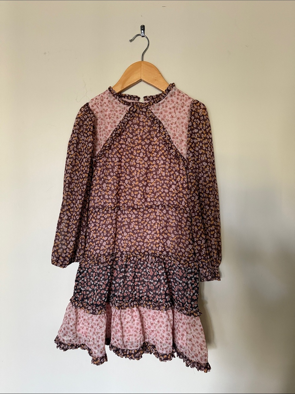 GB girls Floral Tiered Long-Sleeve Dress in Pink and Brown
